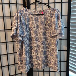 Vince Camuto Blue Floral Ruffle Short Sleeve Blouse Top - Size L
